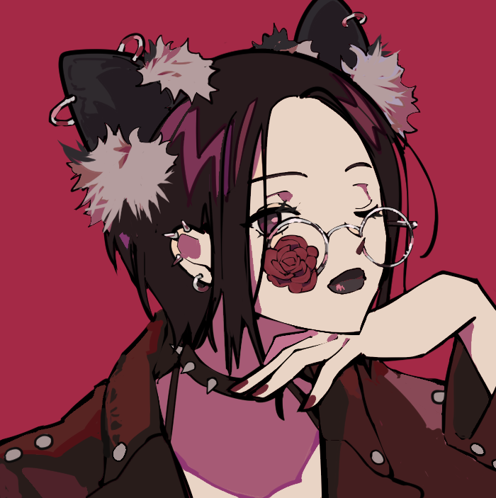 1girl animal_ears bespectacled black_hair black_lips cat_ears closed_mouth collar ear_piercing earrings eyelashes fake_animal_ears flower fur_trim glasses hand_up head_rest jacket jewelry lipstick long_sleeves looking_at_viewer makeup nail_polish nana_(series) null024 one_eye_closed osaki_nana parted_bangs piercing portrait red_background red_flower red_jacket red_nails red_rose rose short_hair simple_background solo spiked_collar spikes