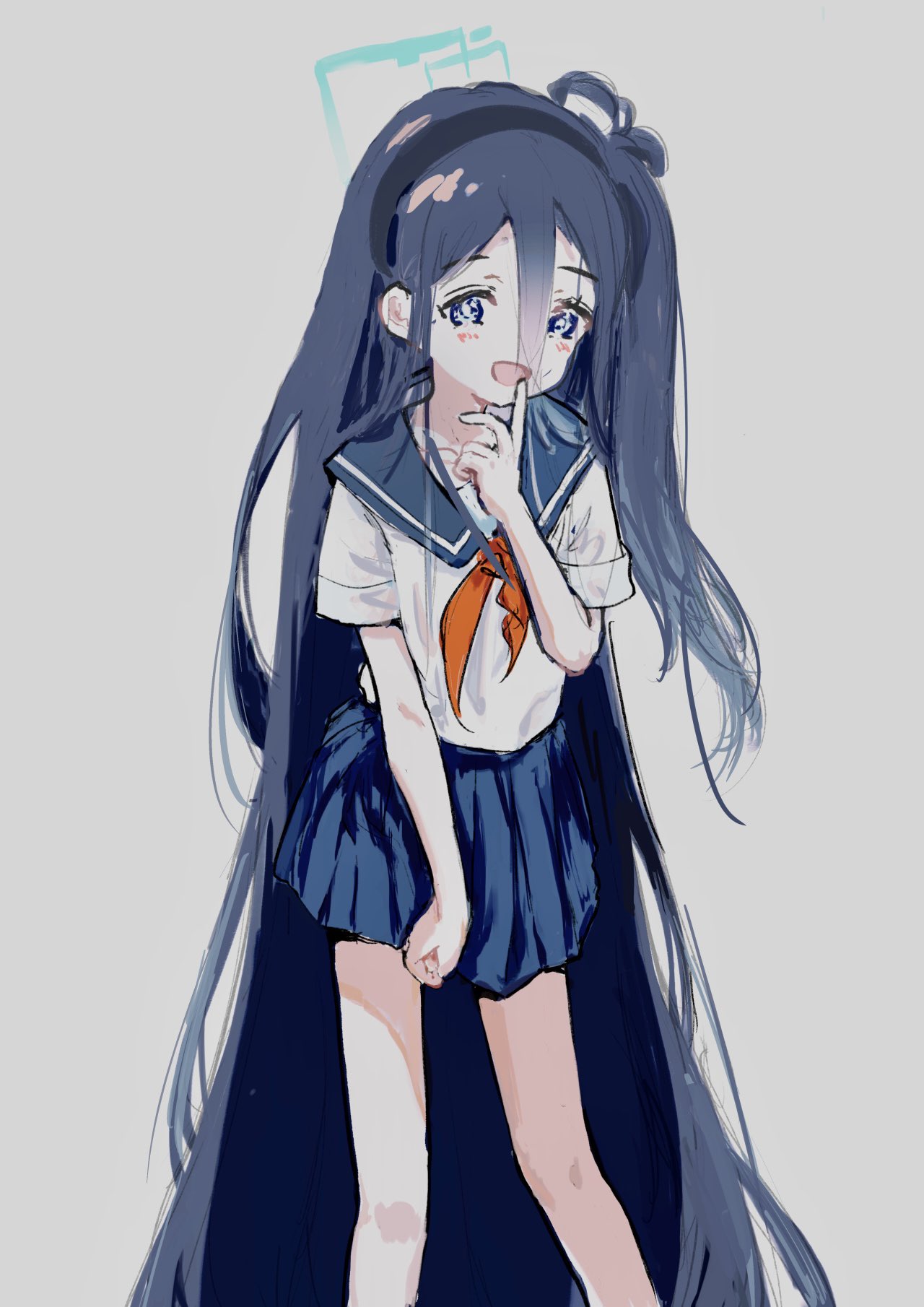 1girl :d aris_(blue_archive) black_hair black_hairband black_sailor_collar black_skirt blue_archive blue_eyes commentary_request feet_out_of_frame finger_to_mouth grey_background hair_between_eyes hairband halo highres index_finger_raised long_hair long_hair_between_eyes looking_at_viewer miniskirt neckerchief one_side_up open_mouth pleated_skirt red_neckerchief sailor_collar school_uniform serafuku shirt short_sleeves simple_background skirt smile solo standing very_long_hair white_shirt x158239