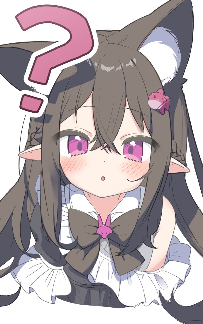 1girl ? animal_ear_fluff animal_ears black_bow black_hair bow braid commentary elf extra_ears fish fish_hair_ornament fox fox_ears fox_girl hair_between_eyes hair_ornament kazari_(odeclea) long_bangs long_hair odeclea off_shoulder open_mouth original pointy_ears sidelocks solo sunfish symbol-only_commentary upper_body violet_eyes white_background