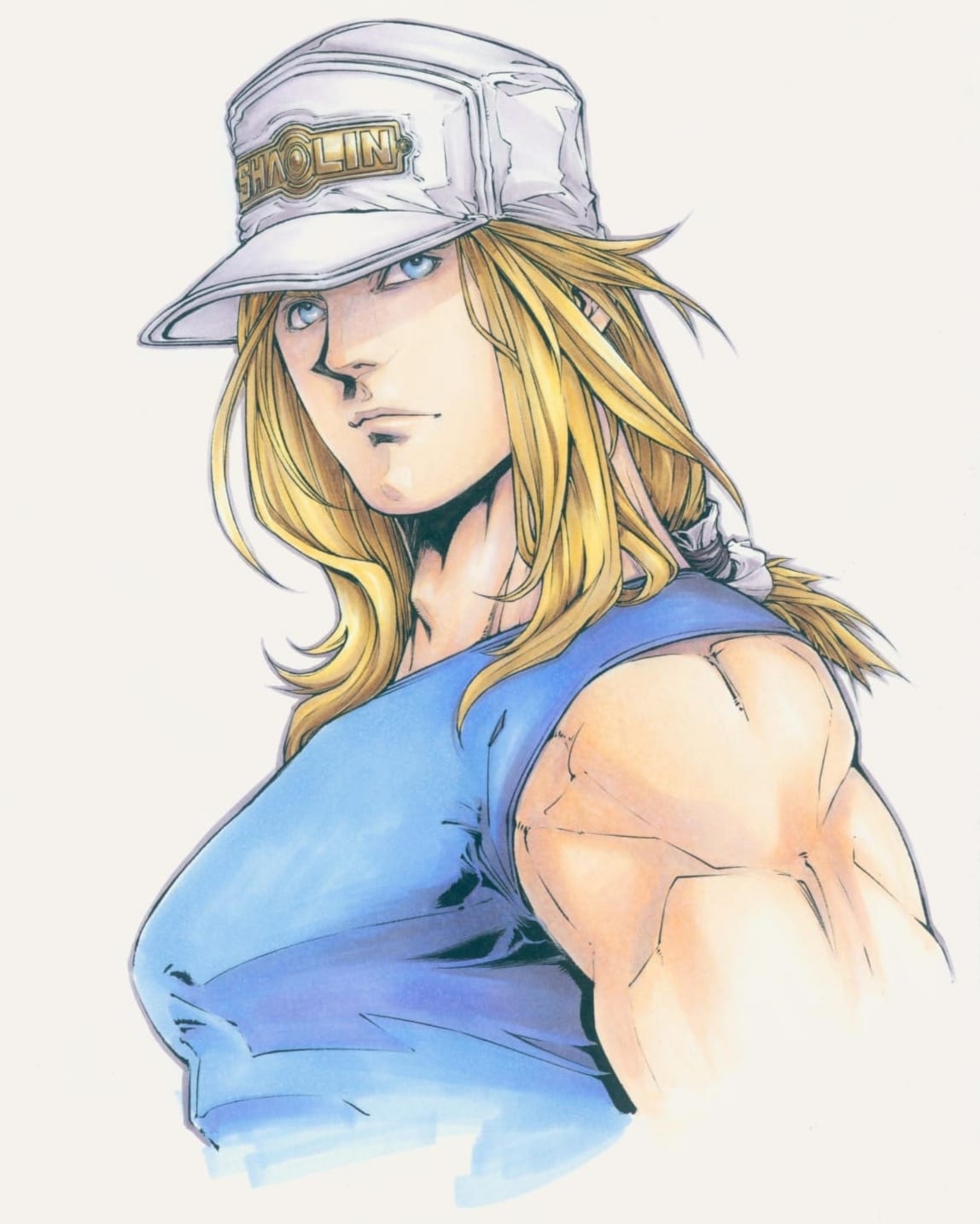 1boy adam's_apple andy_seto baseball_cap blonde_hair blue_eyes chinese_commentary commentary_request cropped_torso cyber_weapon_z english_commentary hat highres light_frown loneken_carlsber male_focus marker_(medium) medium_hair mixed-language_commentary muscular muscular_male pectorals ponytail profile shirt sleeveless sleeveless_shirt solo traditional_media upper_body