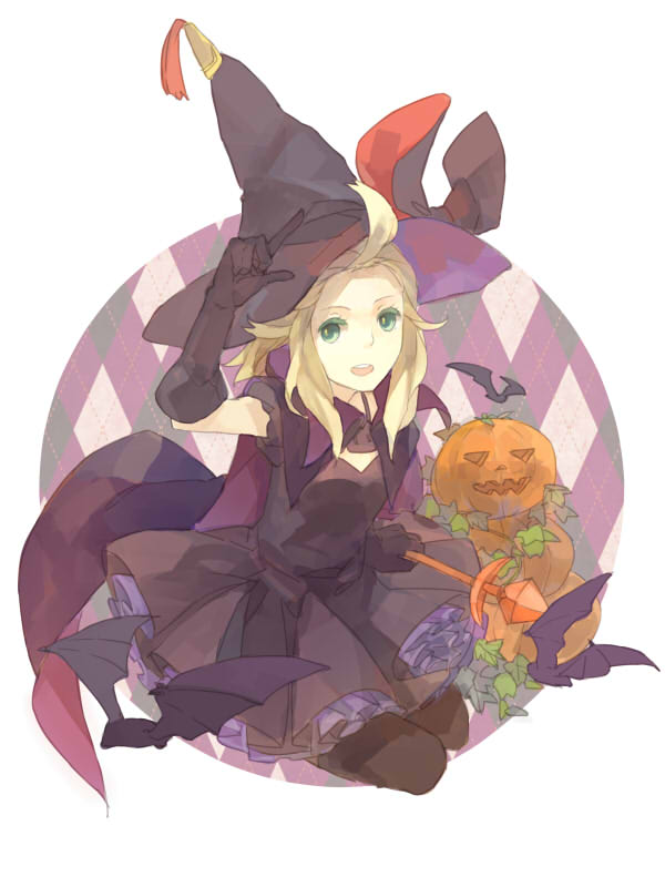 1girl ahoge argyle_background arm_up bat_(animal) black_dress black_gloves black_thighhighs blonde_hair bravely_default:_flying_fairy bravely_default_(series) cape commentary_request dress edea_lee elbow_gloves frilled_dress frills gloves green_eyes halloween hat jack-o'-lantern jpeg_artifacts long_hair looking_at_viewer pantyhose pointing pointing_up pumpkin purple_background round_image seiza shrie sitting solo thigh-highs white_background witch witch_hat