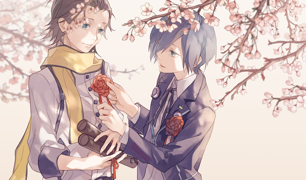 2boys badge black_hair blue_eyes blue_hair blurry branch brown_hair cherry_blossoms closed_mouth commentary_request dappled_sunlight depth_of_field flower gekkoukan_high_school_uniform gradient_background hair_over_one_eye holding holding_badge holding_scroll looking_at_another male_focus mochizuki_ryouji multiple_boys persona persona_3 ribbon rose scarf school_uniform scroll short_hair shrie smile sunlight suspenders upper_body yellow_scarf yuuki_makoto_(persona_3)