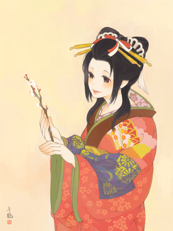 1girl bad_drawr_id bad_id black_hair blush branch brown_eyes character_request cherry_blossoms copyright_request floral_print floral_print_kimono flower hair_ornament hair_stick holding holding_branch japanese_clothes kanzashi kimono long_hair oekaki pego_(peco_peco) pointy_ears red_kimono sidelocks signature simple_background smile solo standing yellow_background