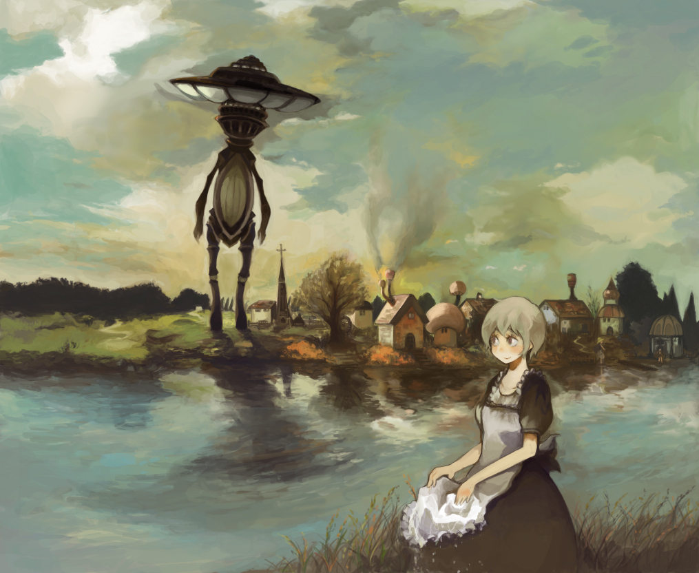 1girl apron black_dress blush brown_eyes building church clouds commentary_request creature dress fantasy giant grey_hair himao maid original outdoors river scenery short_hair sky smile village water