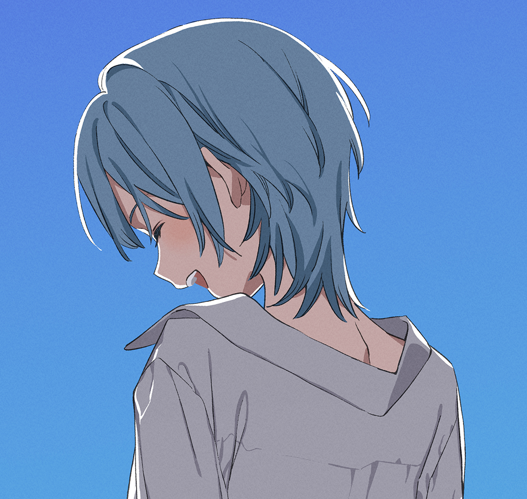 1girl blue_background blue_hair closed_eyes collared_shirt commentary from_behind hololive hoshimachi_suisei medium_hair open_mouth shirt smile solo upper_body virtual_youtuber white_shirt wolf_cut zhr100