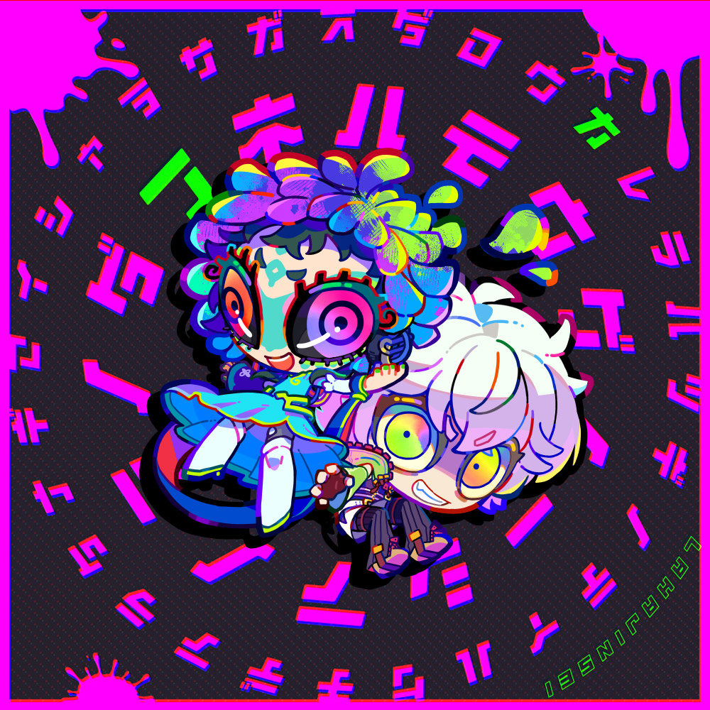 1boy 1other androgynous blue_eyes blue_hair chibi corruption crazy crazy_eyes crazy_smile dark_persona facepaint facial_mark feathers forehead_mark gnosia green_eyes green_hair headphones long_hair long_sleeves makeup multicolored_eyes multicolored_hair other_focus raqio remnan_(gnosia) simple_background smile streaked_hair tattoo toyama96 upper_body white_hair