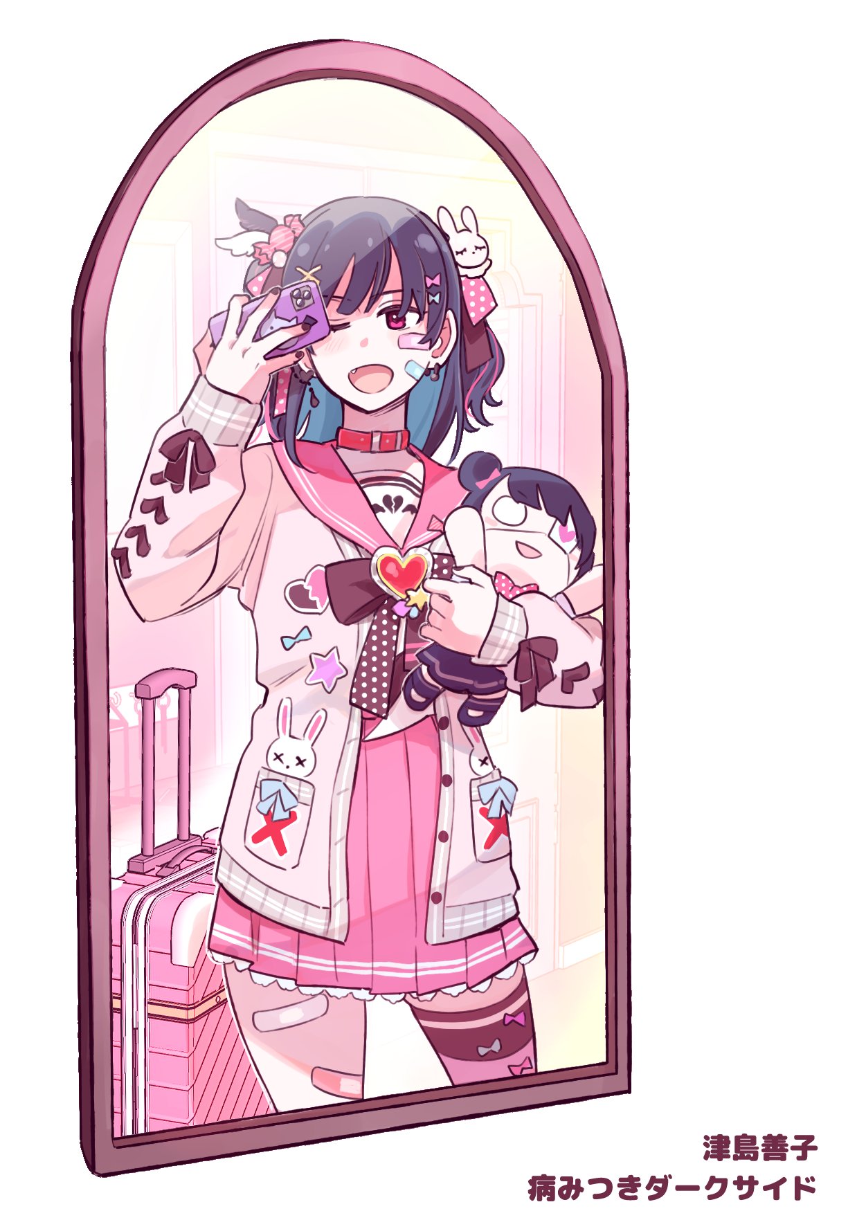 bandaid bandaid_on_face bandaid_on_leg black_hair blush character_doll commentary earrings fang hair_ornament heart highres holding holding_stuffed_toy indoors jewelry jirai_kei long_sleeves love_live! love_live!_school_idol_festival_all_stars love_live!_sunshine!! mirror nesoberi one_eye_closed open_mouth pink_eyes pink_hair pink_sailor_collar pink_shirt pink_skirt pito_(sh02327) pleated_skirt sailor_collar selfie shirt single_thighhigh skirt solo stuffed_toy suitcase taking_picture thigh-highs translation_request tsushima_yoshiko