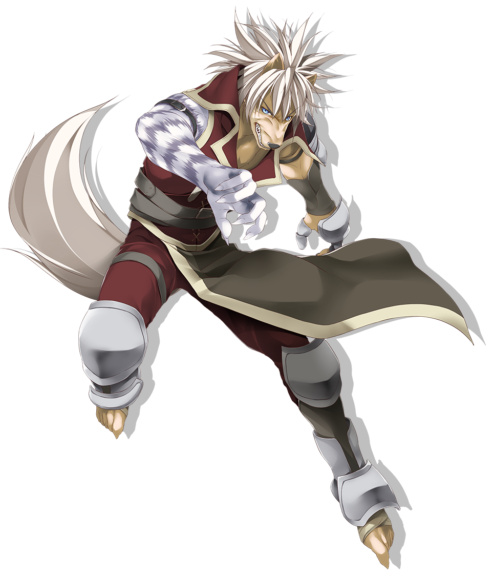 1boy angry animal_ears animal_feet animal_hands animal_nose armor armored_legwear atelier-moo belt blue_eyes closed_mouth dog_boy dog_nose dog_tail hair_between_eyes short_hair shoulder_armor sleeveless solo standing tail tooth volk_dartfang wizards_symphony wolf_boy