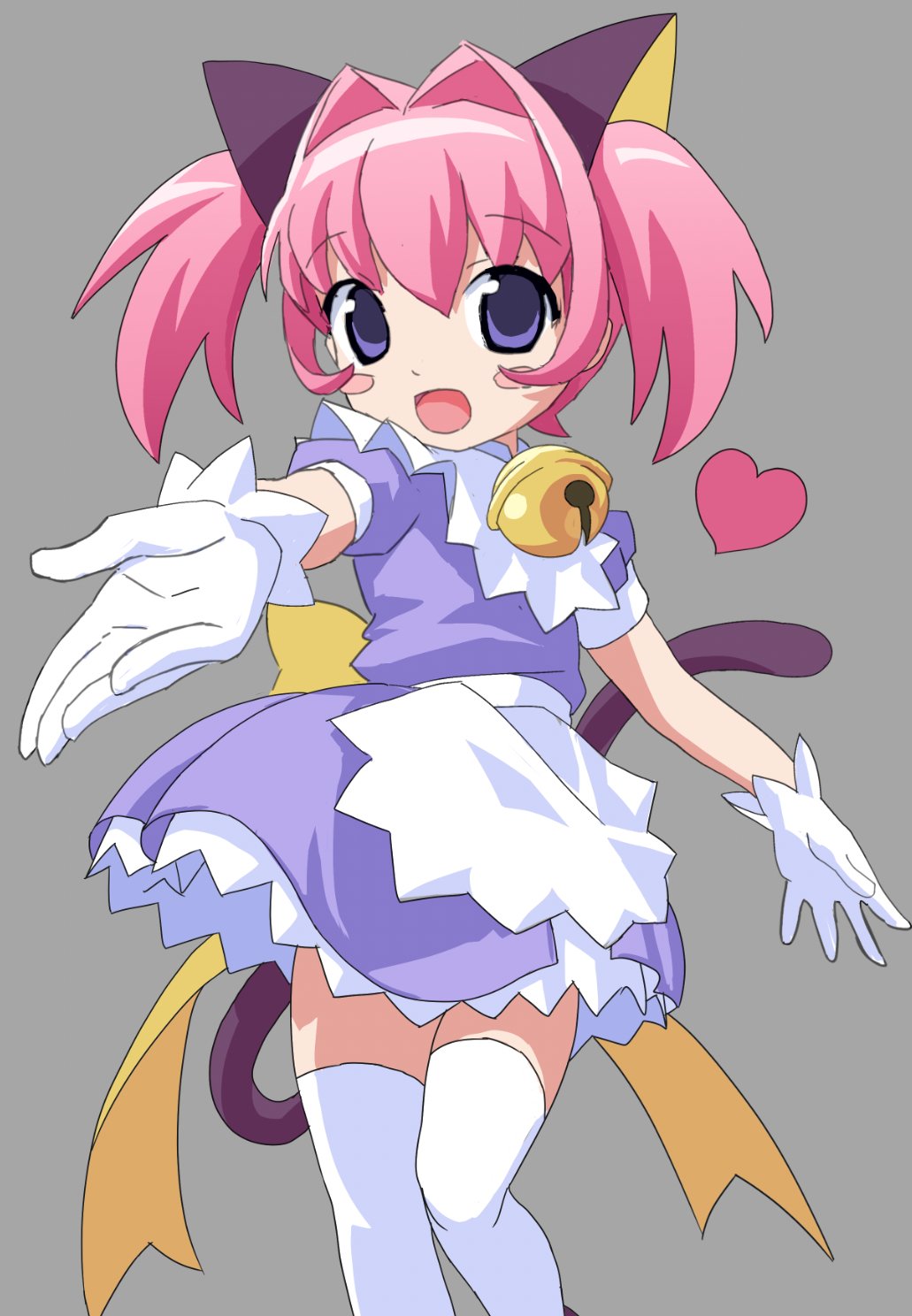 1girl animal_ears anime_coloring bell blue_eyes blush_stickers cat_ears cat_girl cat_tail colinarmis commentary dress english_commentary gloves hair_intakes heart highres jingle_bell miracle-chan open_hand open_mouth original pink_hair purple_dress reaching reaching_towards_viewer short_dress smile solo tail thigh-highs twintails white_gloves white_thighhighs zettai_ryouiki
