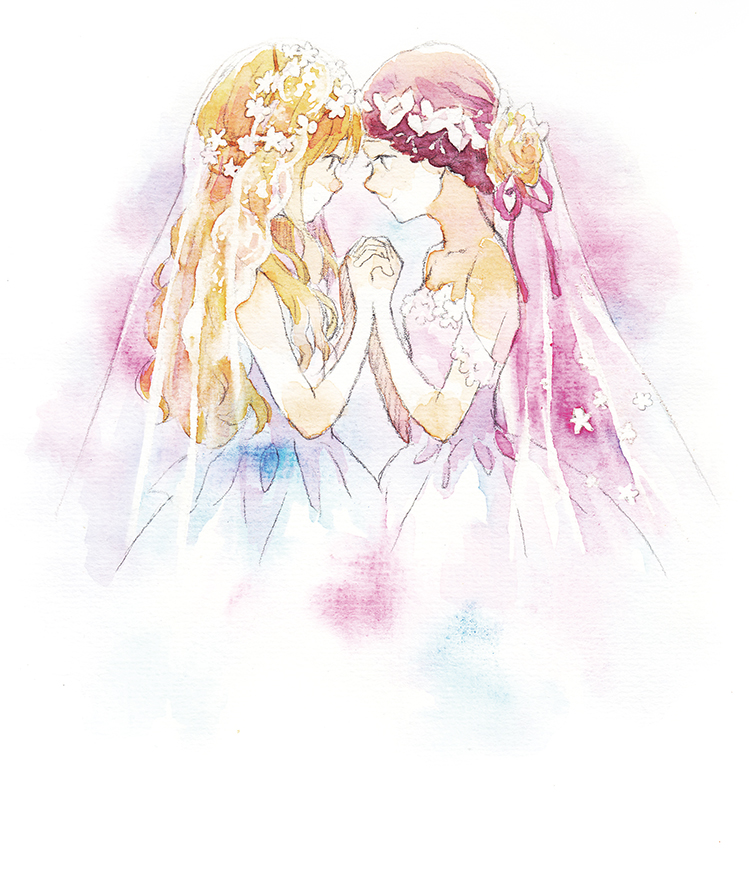 2girls bare_shoulders blonde_hair border breasts bridal_veil closed_eyes commentary_request dress flower forehead-to-forehead from_side hair_flower hair_ornament head_wreath heads_together holding_hands interlocked_fingers long_hair looking_at_another moekon multiple_girls original painting_(medium) pink_background profile purple_hair ribbon short_hair small_breasts smile strapless strapless_dress traditional_media upper_body veil watercolor_(medium) wedding_dress white_border white_dress wife_and_wife yellow_flower yuri