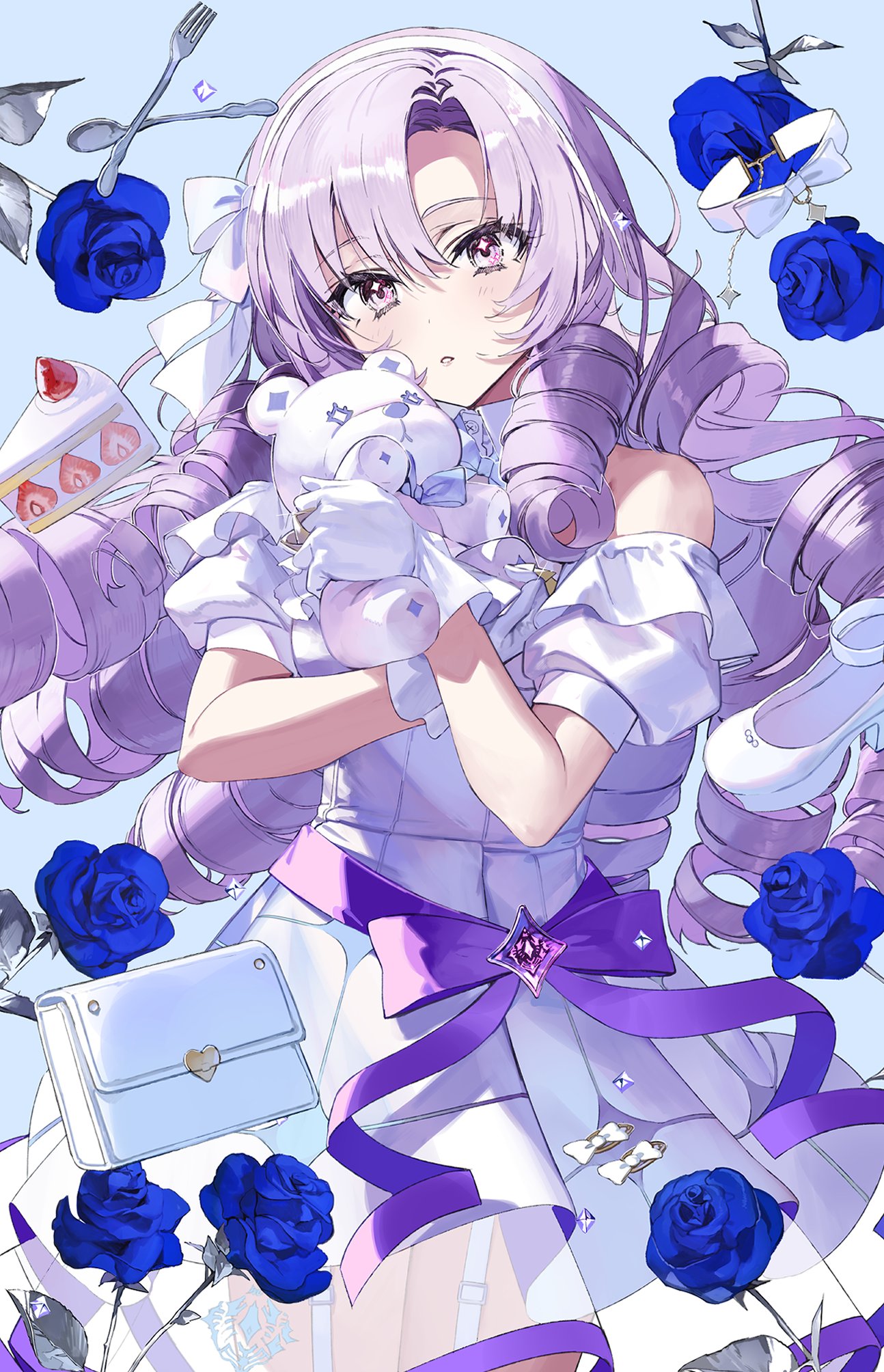 1girl bare_shoulders blue_flower blue_rose cake detached_sleeves dress dress_ribbon drill_hair flower food fork gloves highres holding holding_stuffed_toy hyakumantenbara_salome long_hair looking_at_viewer nijisanji parted_lips purple_hair purple_ribbon ribbon rose short_sleeves simple_background solo spoon stuffed_toy violet_eyes virtual_youtuber wata_(attaka_towel) white_bag white_dress white_gloves