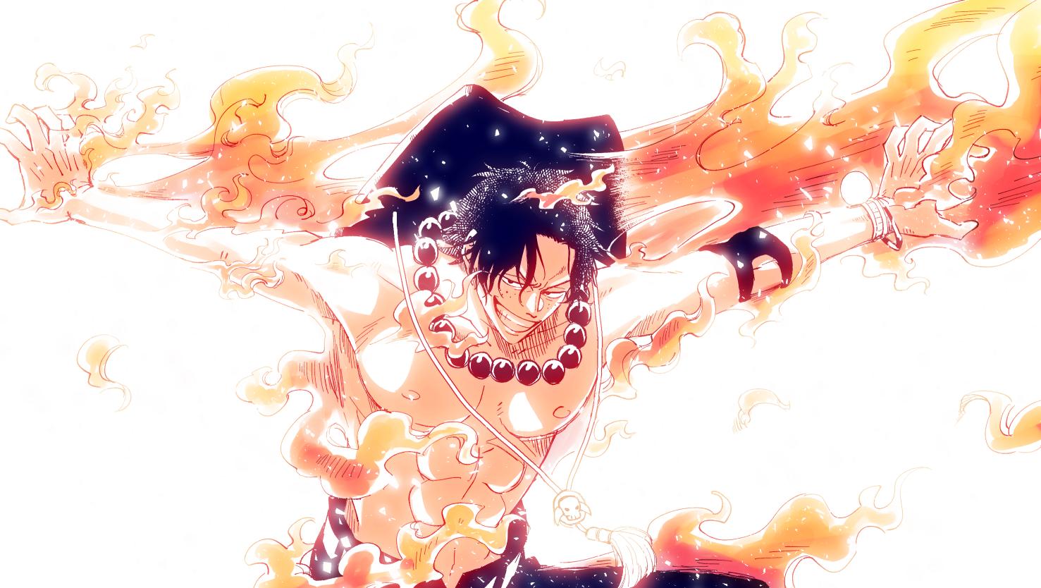 1boy abs bracelet commentary_request cowboy_shot elbow_pads fire freckles hat jewelry log_pose looking_to_the_side male_focus necklace nrrn03 one_piece outstretched_arms pearl_necklace portgas_d._ace short_hair shorts single_elbow_pad smile solo spread_arms teeth topless_male upper_body