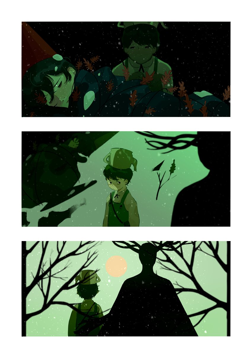 3boys antlers autumn_leaves bag bare_tree black_ribbon facing_away full_moon green_overalls green_theme gregory_(over_the_garden_wall) highres horns male_focus moon multiple_boys naruysae over_the_garden_wall ribbon shirt short_hair shoulder_bag snow snowing teapot the_beast tree white_shirt wirt_(over_the_garden_wall)