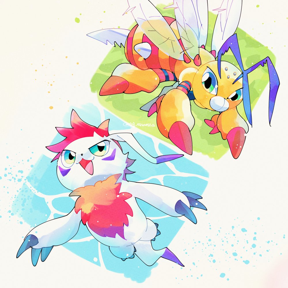 :3 antennae bee bug chest_hair colored_skin digimon digimon_(creature) facial_mark full_body funbeemon gomamon gomamon_x-antibody green_eyes insect_wings pg_enaena redhead spiky_hair underwater white_fur wings yellow_skin