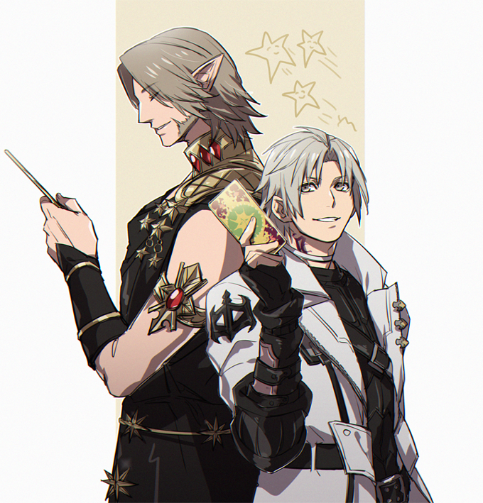 2boys armlet astrologian_(final_fantasy) back-to-back belt black_gloves black_robe card choker closed_eyes coat cowboy_shot detached_sleeves elezen elf final_fantasy final_fantasy_xiv fingerless_gloves gloves grey_eyes grey_hair hand_up holding holding_card hyur looking_at_another looking_to_the_side male_focus multiple_boys neck_tattoo open_clothes open_coat parted_lips pointy_ears robe short_hair sideburns simple_background sleeveless smile tattoo thancred_waters urianger_augurelt white_background white_choker white_coat white_hair yellow_background yomo_(ym)