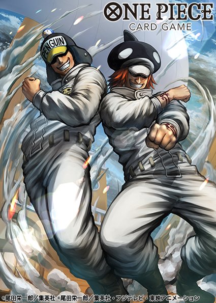 2boys aiming aiming_at_viewer arm_tattoo boots commentary_request copyright_name covered_eyes crossed_arms hat jumpsuit male_focus multiple_boys nagare_seiya official_art one_piece one_piece_card_game orange_hair penguin_(one_piece) shachi_(one_piece) short_hair sky smile smoke tattoo veil white_jumpsuit