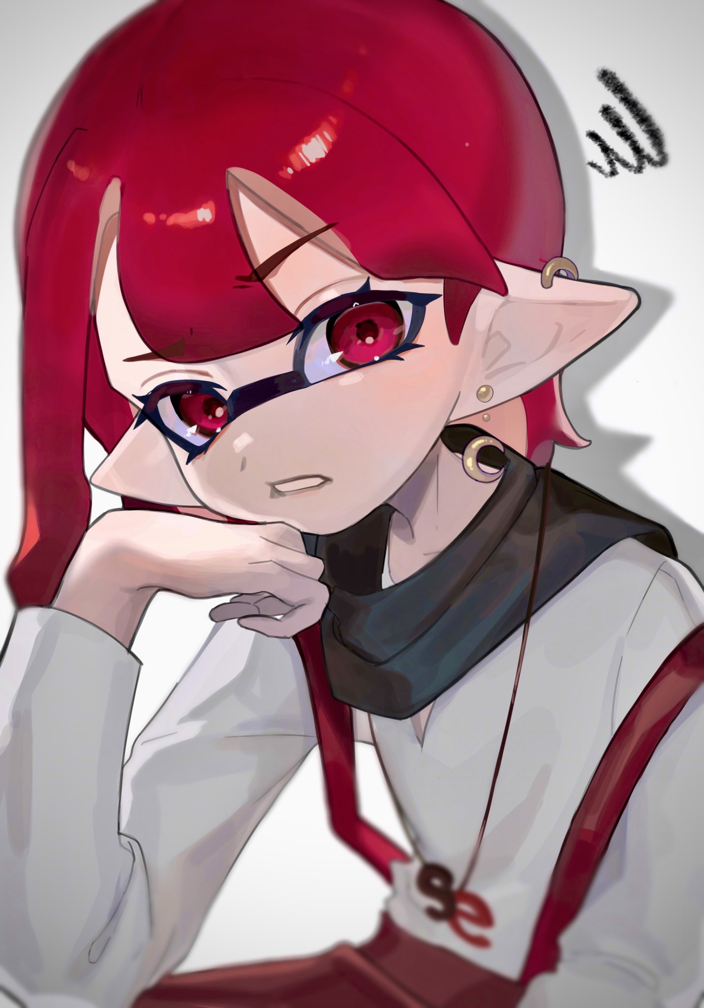 1girl annoyed clenched_teeth commentary_request crescent crescent_earrings d_msy8 earrings hand_on_own_chin head_rest highres inkling inkling_girl inkling_player_character jewelry long_sleeves medium_hair multiple_earrings necklace pointy_ears raised_eyebrow red_eyes red_skirt redhead scribble shadow shirt skirt solo splatoon_(series) strap_slip suspender_skirt suspenders teeth tentacle_hair upper_body v-neck v-shaped_eyebrows white_background white_shirt