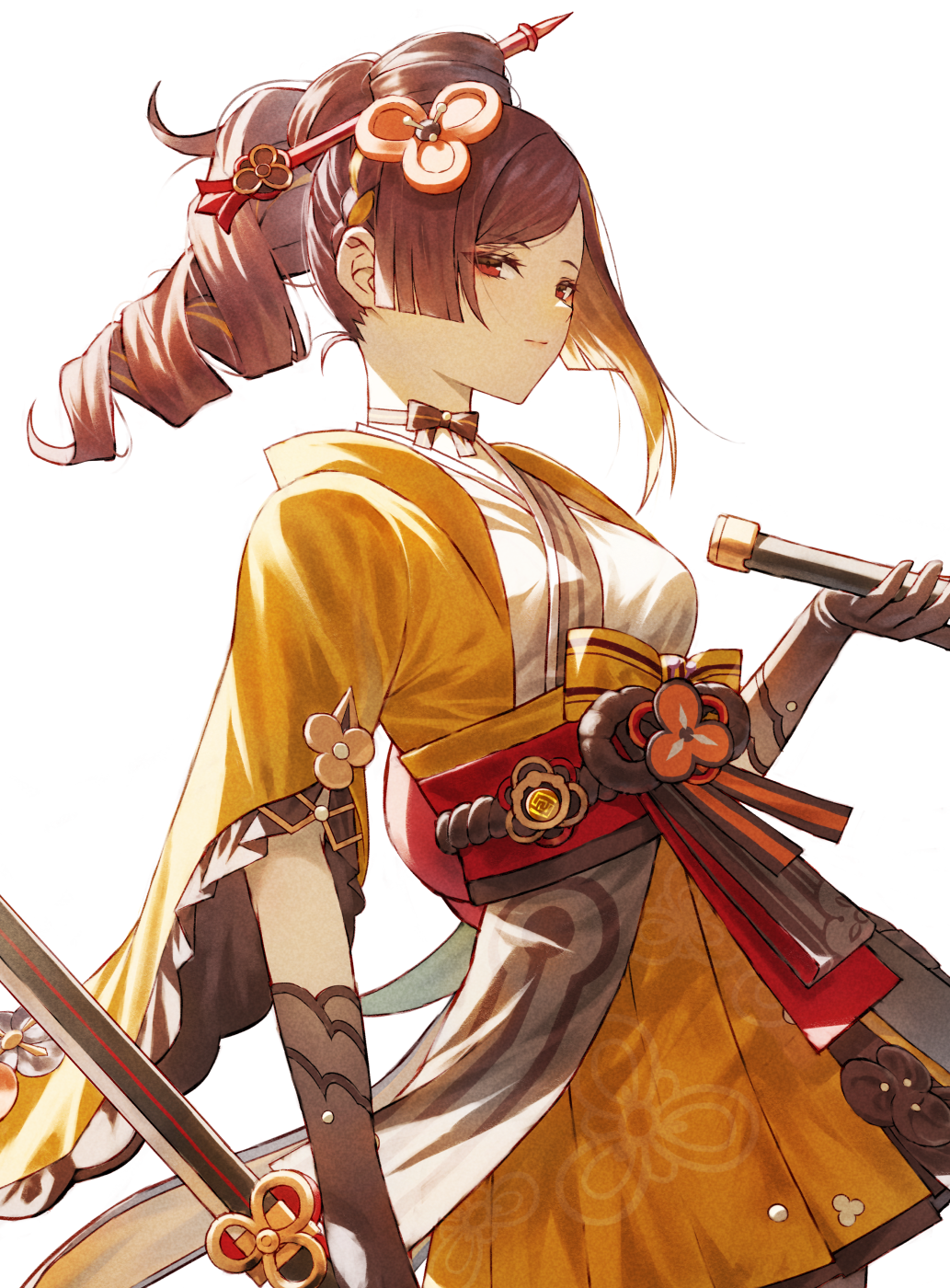 1girl black_gloves breasts brown_hair chiori_(genshin_impact) closed_mouth elbow_gloves fagi_(kakikaki) genshin_impact gloves highres japanese_clothes long_hair long_sleeves looking_at_viewer medium_breasts red_eyes red_sash sash simple_background solo standing sword upper_body weapon white_background