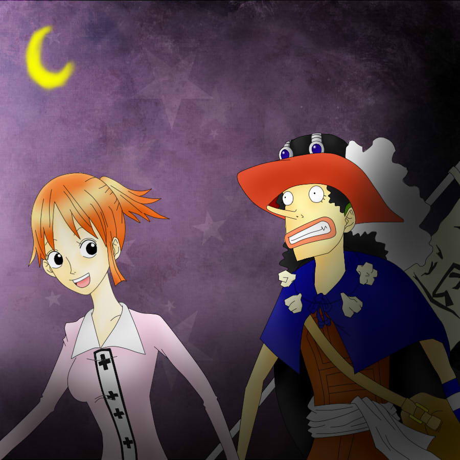 1boy 1girl black_hair breasts garlic goggles grin hat holding_hands long_nose looking_at_another moon nami_(one_piece) nervous night night_sky one_piece orange_hair ponytail sidelocks sky smile usopp