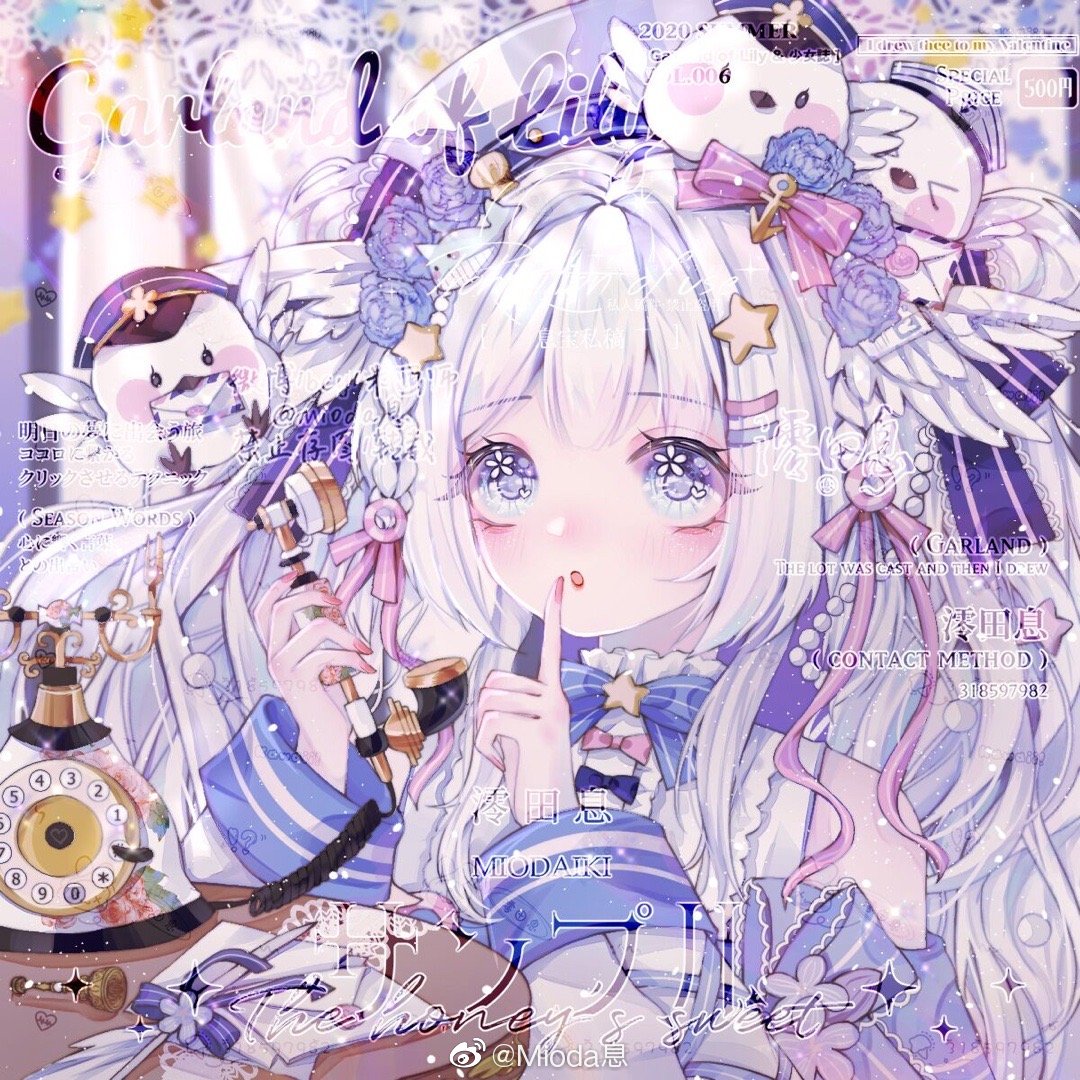 &gt;_&lt; 1girl :o anchor_hair_ornament animal_hair_ornament animal_on_head antique_phone bare_shoulders bcy_username beads beak bird bird_on_head black_eyes blue_bow blue_bowtie blue_eyes blue_flower blue_hat blue_rose blurry blurry_background blush_stickers bow bow_button bowtie braid brooch center_frills chinese_commentary collared_shirt commentary_request detached_sleeves envelope eyelashes eyeshadow feathered_wings finger_to_mouth flower flower_in_eye frilled_shirt_collar frills hair_beads hair_bow hair_flower hair_ornament hat head_wings heart heart_in_eye holding holding_phone indoors jewelry lace-trimmed_bow lace_trim light_blush long_hair long_sleeves looking_ahead makeup mioda_xi mouth_hold multiple_hair_bows narwhal on_head open_mouth original phone pink_bow pink_eyeshadow quill red_lips rose sailor_hat sample_watermark shirt sidelocks sleeve_bow sleeveless sleeveless_shirt solid_circle_eyes solo star_(symbol) star_brooch star_hair_ornament striped_bow striped_bowtie striped_clothes symbol_in_eye twin_braids upper_body watermark weibo_logo weibo_username white_bird white_hair white_hat white_shirt white_sleeves white_wings window wings