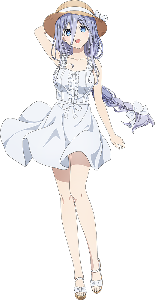 1girl bare_shoulders blue_eyes braid breasts collarbone date_a_live dress full_body hat high_heels long_hair looking_at_viewer medium_breasts official_art open_mouth single_braid smile solo sun_hat sundress tachi-e takamiya_mio transparent_background white_dress