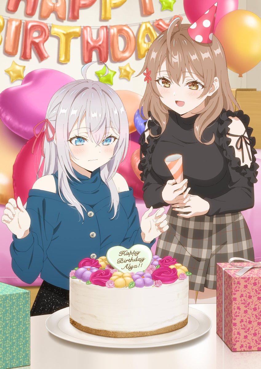 2girls ahoge alisa_mikhailovna_kujou arm_cutout artist_request balloon birthday birthday_cake black_dress black_skirt blue_eyes blush box breasts brown_eyes brown_hair cake character_name checkered_clothes checkered_skirt closed_mouth clothing_cutout commentary_request dress flower food frilled_dress frills gift gift_box grey_hair hair_between_eyes hair_flower hair_ornament hair_ribbon happy_birthday hat head_tilt heart_balloon highres holding holding_clothes holding_hat large_breasts mariya_mikhailovna_kujou mini_party_hat multiple_girls official_art open_mouth party_hat plate red_ribbon ribbon shoulder_cutout side-tie_dress sidelocks skirt smile standing star_(symbol) tokidoki_bosotto_roshia-go_de_dereru_tonari_no_arya-san