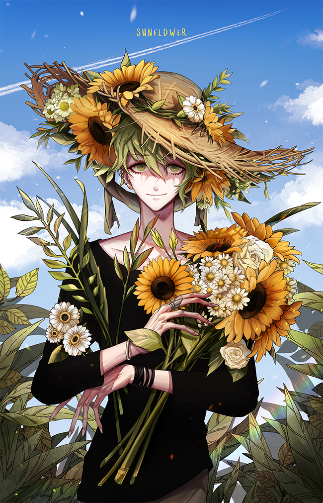 1boy altimaen_iten amami_rantaro bishounen black_shirt black_sleeves blue_sky bouquet brown_pants closed_mouth clouds collarbone cowboy_shot daisy danganronpa_(series) danganronpa_v3:_killing_harmony day ear_piercing english_text eyelashes fern fingernails flower green_eyes green_hair hair_between_eyes hair_flower hair_ornament hat hat_flower holding holding_bouquet jewelry leaf long_sleeves looking_at_viewer male_focus multiple_bracelets multiple_rings outdoors pants petals piercing rainbow ring shirt short_hair sky smile solo straight-on straw_hat sun_hat sunflower third-party_source white_flower yellow_flower yellow_hat