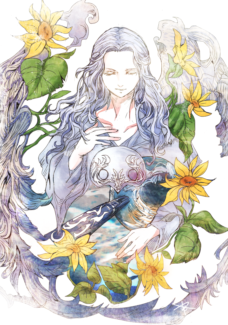 1girl closed_eyes collarbone cropped_torso facing_viewer final_fantasy final_fantasy_xiv flower grey_robe hand_on_own_chest hand_up holding_planet leaf long_hair long_sleeves mask mask_around_neck planet robe ruka_(blueplus84) solo sophist's_robe_(ff14) unworn_mask upper_body venat_(ff14) wavy_hair white_background white_hair yellow_flower