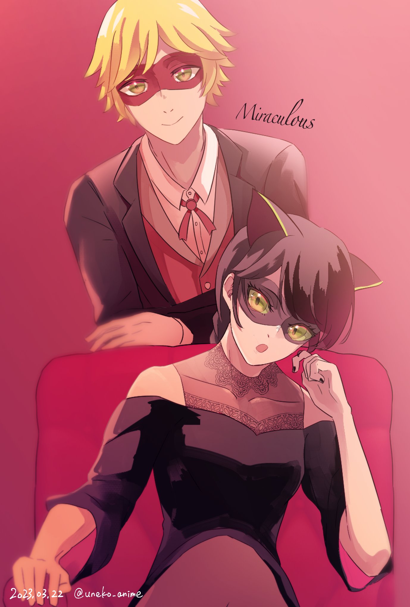 1boy 1girl adrien_agreste animal_ears black_dress black_hair black_mask black_vest blonde_hair cat_ears couch dress green_eyes highres lady_noir long_hair marinette_dupain-cheng mask miraculous_ladybug misterbug_(character) on_couch open_mouth red_background red_mask simple_background sitting uneko_anime vest