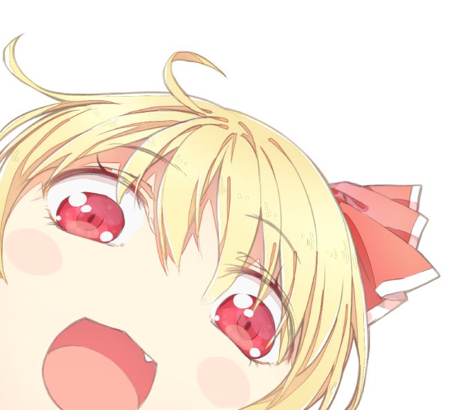 1girl blonde_hair close-up fang hair_between_eyes looking_at_viewer messy_hair open_mouth red_eyes rumia simple_background solo touhou tsukimiya_kamiko white_background