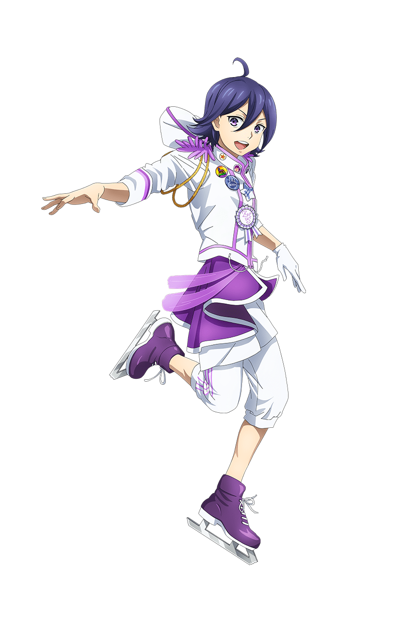 1boy :d ahoge aiguillette epaulettes full_body highres ice_skates jacket king_of_prism king_of_prism:_shiny_seven_stars long_sleeves looking_at_viewer male_focus official_art open_mouth pants pretty_rhythm pretty_series purple_footwear purple_hair second-party_source short_hair simple_background skates smile solo standing standing_on_one_leg suzuno_yuu tachi-e transparent_background violet_eyes white_jacket white_pants