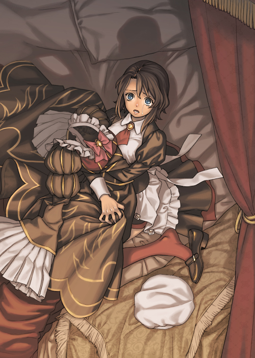 1other beatrice_(umineko) bed beret blue_eyes breasts brown_footwear brown_hair canopy_bed collared_dress crying crying_with_eyes_open dress hat holding holding_clothes holding_dress ito_fumi layered_dress long_sleeves looking_at_viewer maid necktie on_bed open_mouth parted_bangs pillow puffy_long_sleeves puffy_sleeves raised_eyebrows red_necktie red_socks sad short_hair socks solo spoilers tears umineko_no_naku_koro_ni unworn_dress unworn_hat unworn_headwear wavy_hair yasu_(umineko)