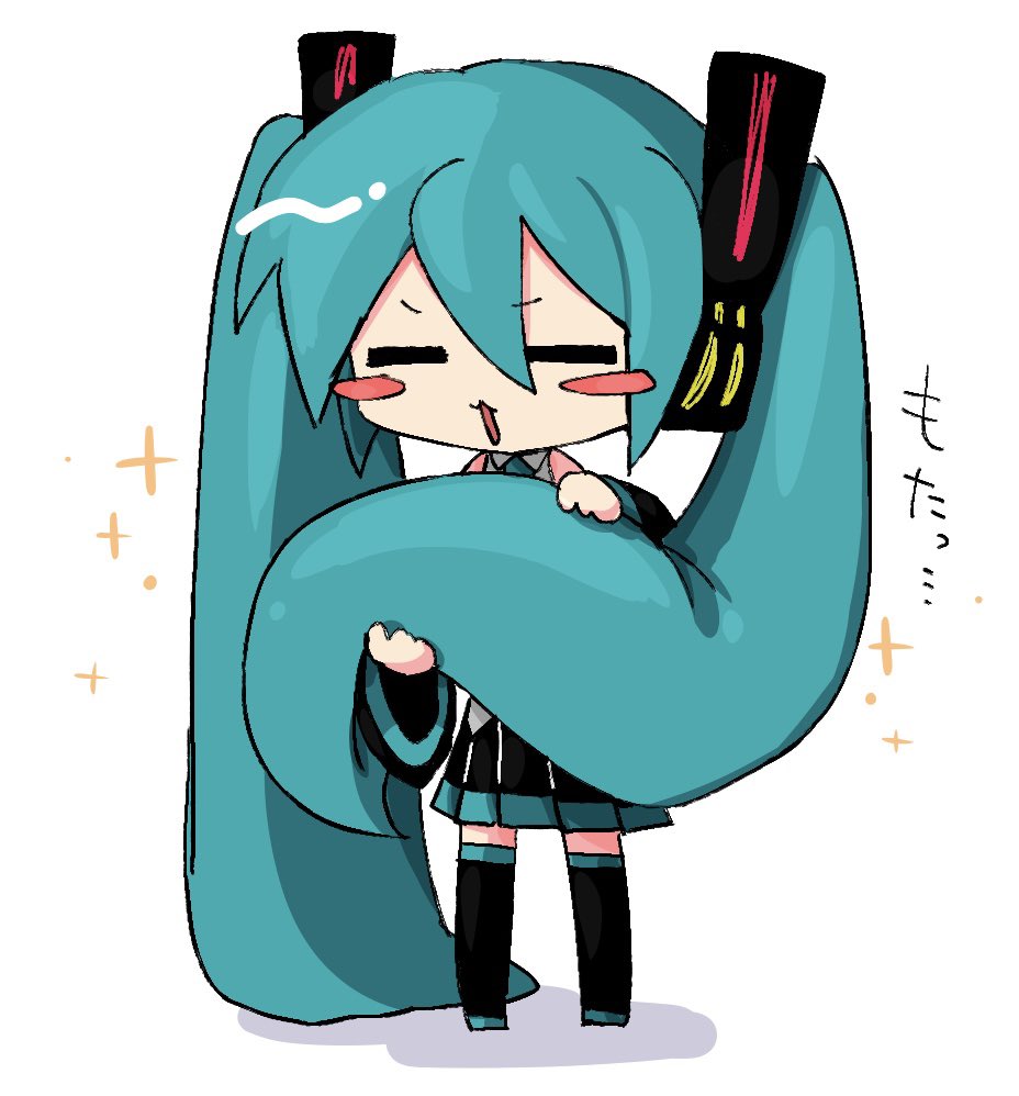 1girl absurdly_long_hair aqua_hair aqua_necktie black_footwear black_skirt black_sleeves black_thigh_boots blush_stickers boots chibi chibi_only closed_eyes full_body hair_between_eyes hatsune_miku holding_own_hair kyomu_305 long_hair long_sleeves necktie open_mouth shadow simple_background skirt solo standing thigh_boots twintails very_long_hair vocaloid white_background zettai_ryouiki
