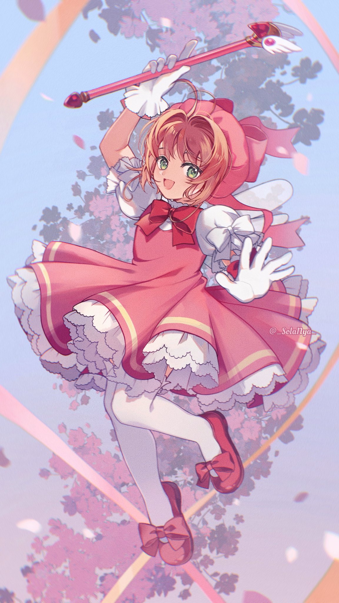 1girl brown_hair cardcaptor_sakura cherry_blossoms dress full_body gloves green_eyes highres holding holding_wand kinomoto_sakura looking_at_viewer magical_girl open_mouth petals pink_dress pink_hat short_hair sky solanya solo thigh-highs wand white_gloves white_thighhighs