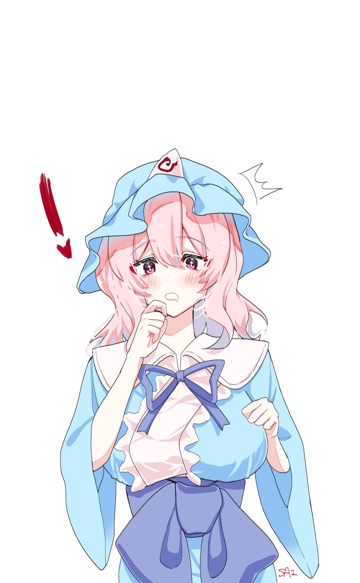 ! 1girl blush breasts commentary_request ellen_drawing hat highres large_breasts long_sleeves looking_at_viewer medium_hair mob_cap open_mouth pink_eyes pink_hair saigyouji_yuyuko sash simple_background solo touhou triangular_headpiece upper_body white_background wide_sleeves