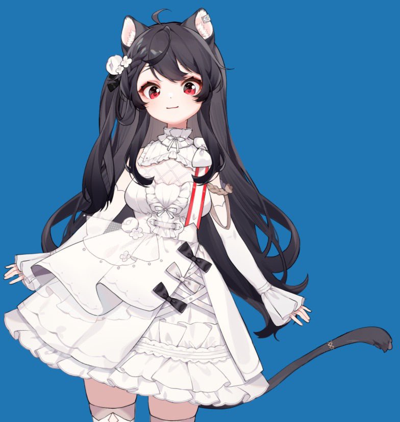 1girl ahoge animal_ear_fluff animal_ear_piercing animal_ears arin_(fanfan013) bare_shoulders black_bow black_hair blue_background bow bow_choker bowtie braid cat_ears cat_tail chinese_commentary choker closed_mouth commentary_request cowboy_shot detached_sleeves dress dress_bow eyelashes flower frilled_choker frilled_dress frilled_sleeves frills hair_flower hair_ornament long_hair looking_at_viewer loose_hair_strand original red_eyes rose short_dress sidelocks simple_background single_braid sleeveless sleeveless_dress sleeves_past_wrists smile solo tail thigh-highs very_long_hair white_bow white_bowtie white_choker white_dress white_flower white_rose white_sleeves white_thighhighs zettai_ryouiki