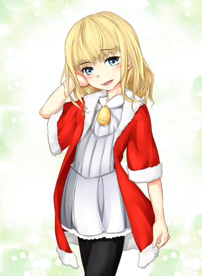1girl bell black_thighhighs blonde_hair blue_eyes blush child christmas commentary_request cowboy_shot dress fur-trimmed_sleeves fur_collar fur_trim green_background hand_up head_tilt leivinia_birdway looking_at_viewer medium_bangs medium_hair open_clothes open_mouth open_robe red_robe robe shin_(highest1192) short_dress sleeves_past_elbows solo star_(symbol) thigh-highs toaru_majutsu_no_index tongue white_dress