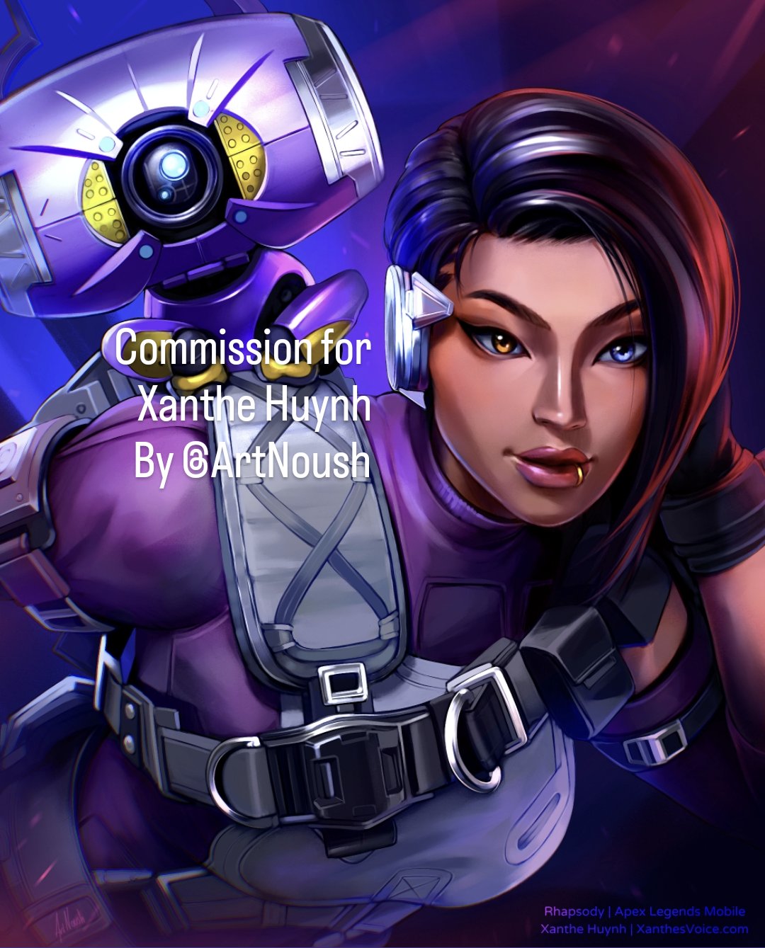 1girl apex_legends apex_legends_mobile black_hair blue_eyes brown_eyes character_name commission copyright_name english_commentary heterochromia highres leaning_forward looking_ahead non-humanoid_robot noush parted_lips purple_sweater rhapsody_(apex_legends) robot rowdy_(apex_legends) short_hair solo sweater watermark