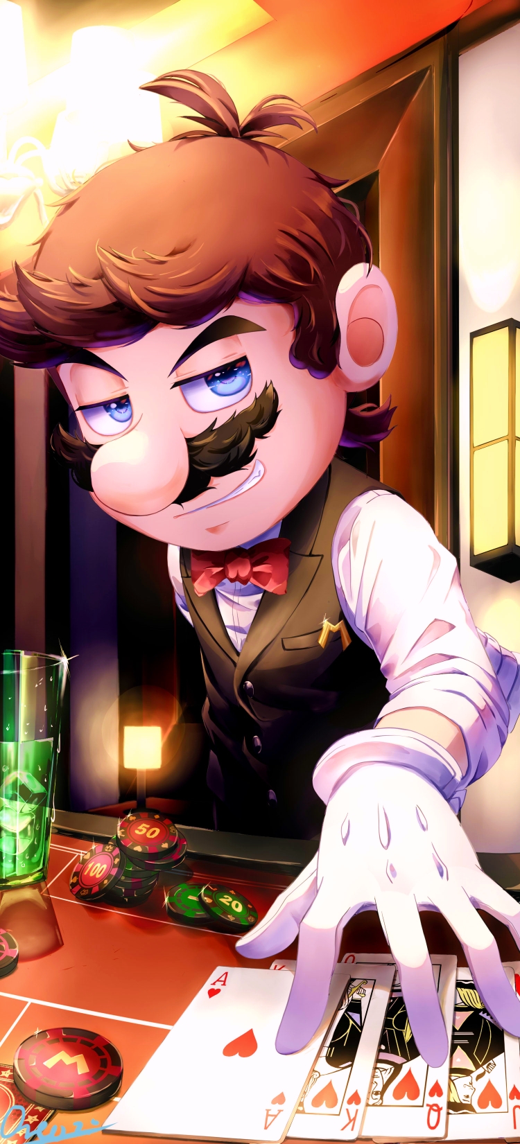 1boy aoriao black_suit bow casino casino_card_table cup drink english_commentary facial_hair gloves highres ice mario mustache new_super_mario_bros. poker poker_chip red_bow signature smile smirk smug suit super_mario_64_ds super_mario_bros. table tagme
