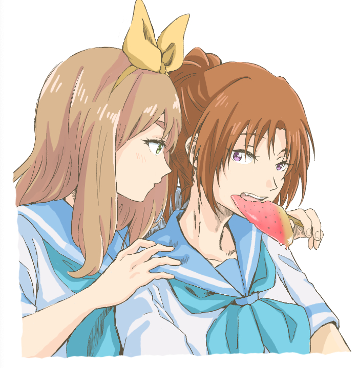 2girls blue_neckerchief blue_sailor_collar bow_hairband brown_hair closed_mouth commentary_request curryisfriend fang food fruit green_eyes hairband hand_on_another's_shoulder hibike!_euphonium holding holding_food light_brown_hair liz_to_aoi_tori long_hair multiple_girls nakagawa_natsuki neckerchief sailor_collar school_uniform serafuku shirt short_sleeves simple_background violet_eyes watermelon watermelon_slice white_background white_shirt yellow_hairband yoshikawa_yuuko