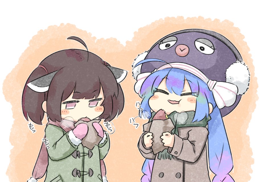 2girls ahoge alternate_costume blue_hair blush border brown_coat brown_hair buttons cheek_bulge closed_eyes coat commentary double-breasted earmuffs eating eel_hat food food_bite gradient_hair green_coat green_scarf half-closed_eyes happy hat headgear holding holding_food long_hair medium_hair mittens multicolored_hair multiple_girls open_mouth orange_background otomachi_una pink_mittens purple_hair red_scarf roasted_sweet_potato scarf shiyoheee sidelocks smile steam sweet_potato touhoku_kiritan twintails upper_body vocaloid voiceroid wavy_mouth white_border winter_clothes