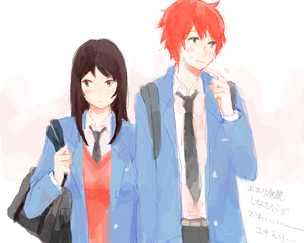 1boy 1girl bad_drawr_id bad_id bag black_hair black_necktie blazer blue_jacket blush brown_hair character_request closed_mouth collared_shirt copyright_request finger_to_own_chin jacket long_hair mole mole_under_eye necktie oekaki red_shirt redhead ruq237 school_uniform shirt short_hair shy translation_request white_background white_shirt