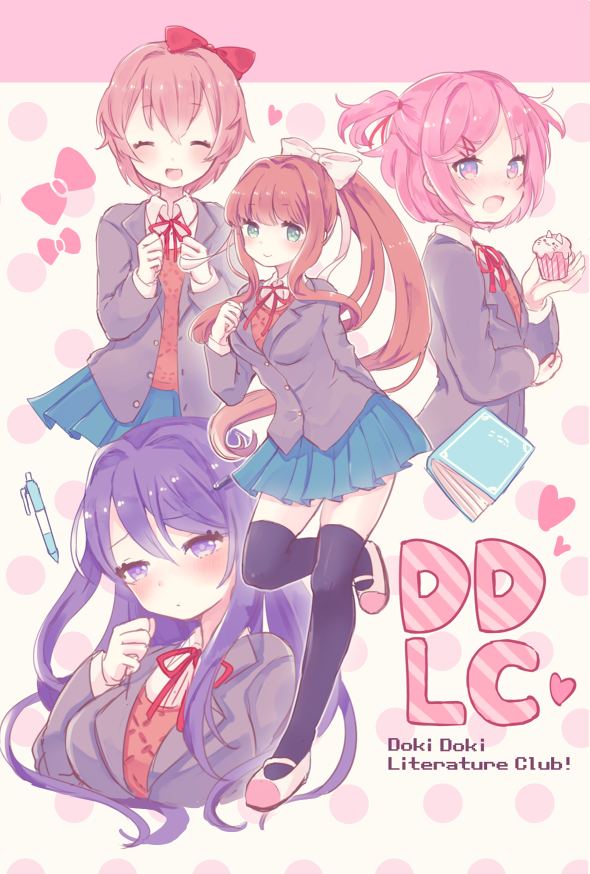 4girls black_thighhighs blue_skirt book bow brown_hair closed_mouth copyright_name cropped_torso doki_doki_literature_club food full_body grey_jacket holding holding_food jacket karunabaru long_sleeves looking_at_viewer monika_(doki_doki_literature_club) multiple_girls natsuki_(doki_doki_literature_club) one_side_up open_mouth pen pink_hair pleated_skirt ponytail purple_hair red_bow sayori_(doki_doki_literature_club) shoes skirt thigh-highs white_bow yuri_(doki_doki_literature_club)