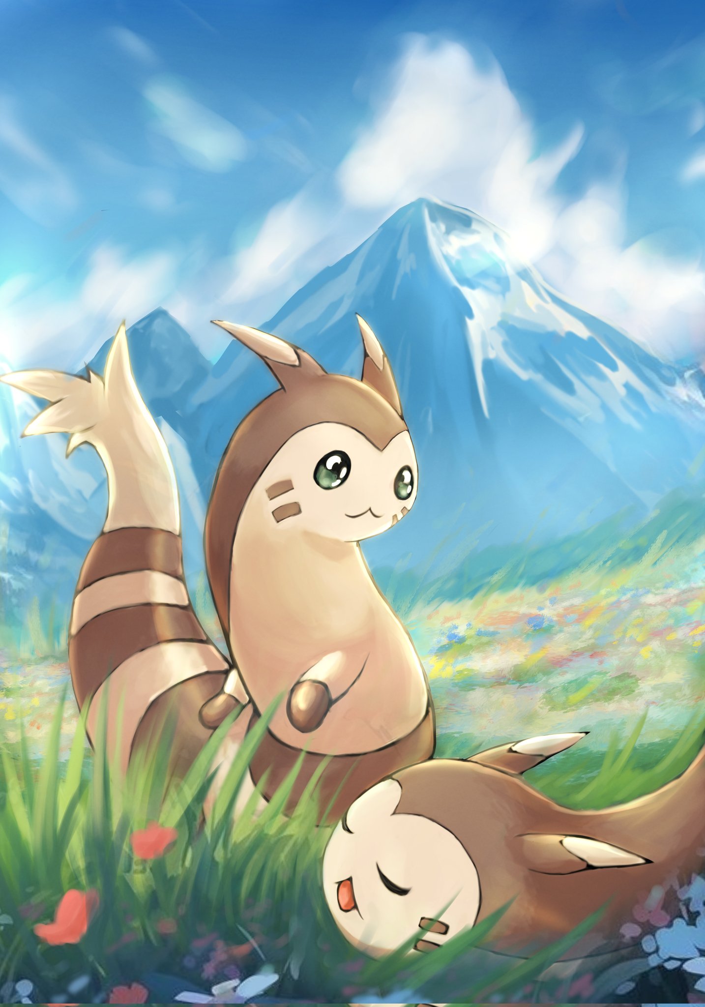 animal_focus blue_sky brown_fur closed_eyes closed_mouth clouds commentary_request furret giovanni_(giogiofx0083) green_eyes highres mountain no_humans on_grass open_mouth outdoors pokemon pokemon_(creature) sky smile standing tail