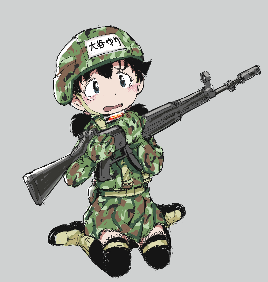 1girl alien_nine black_hair black_thighhighs blue_eyes blush boots camouflage camouflage_gloves camouflage_headwear camouflage_jacket camouflage_skirt crying crying_with_eyes_open flask full_body furrowed_brow grey_background gun helmet holding holding_gun holding_weapon jacket jaggy_lines kinshi76 low_twintails medium_hair ootani_yuri open_mouth short_twintails simple_background sitting skirt solo tears thigh-highs translation_request twintails wariza wavy_eyes wavy_mouth weapon weapon_request yellow_footwear