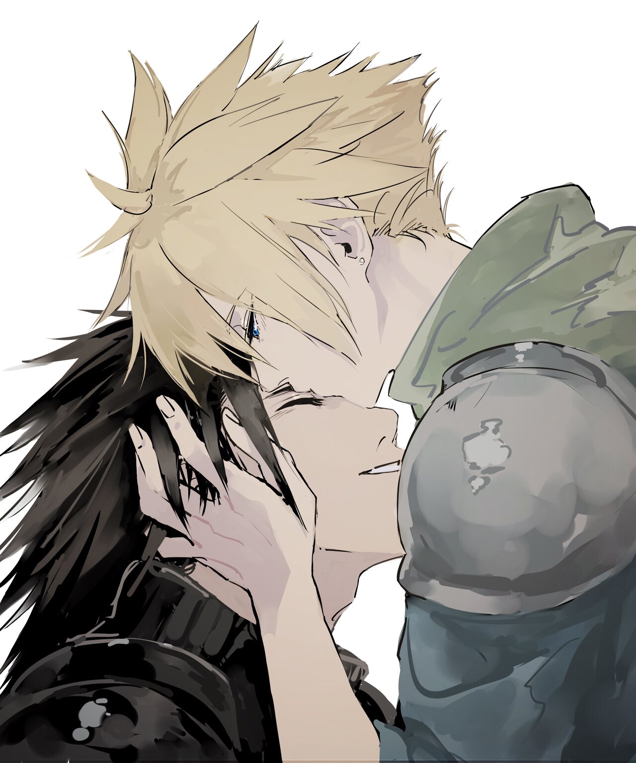 2boys affectionate armor black_hair blonde_hair blue_eyes closed_eyes cloud_strife crisis_core_final_fantasy_vii earrings final_fantasy final_fantasy_vii from_side hatomugi_gohan highres jewelry kiss kissing_forehead looking_at_another male_focus multiple_boys pauldrons portrait profile short_hair shoulder_armor smile spiky_hair stud_earrings sweater turtleneck turtleneck_sweater white_background zack_fair