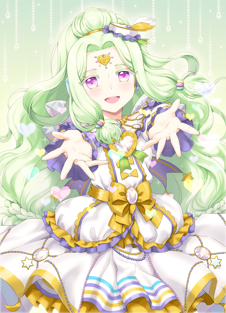 1girl :d blush cowboy_shot dress forehead_jewel foreshortening frilled_dress frills green_background green_hair hands_up headphones heart jewlie_(pripara) long_hair looking_at_viewer low-tied_sidelocks open_mouth outstretched_arms pretty_series pripara reaching reaching_towards_viewer smile solo standing unya_(unya-unya) very_long_hair violet_eyes white_dress