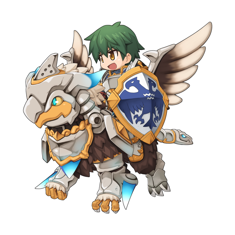 1boy :d armor armored_boots boots breastplate chibi cross full_body green_hair griffin gryphon_(ragnarok_online) hair_between_eyes holding holding_shield imperial_guard_(ragnarok_online) looking_afar medium_bangs official_art open_mouth ragnarok_online riding shield short_hair simple_background smile solo transparent_background v-shaped_eyebrows yellow_eyes yuichirou