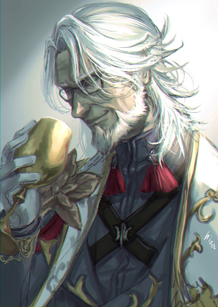 1boy beard chalice commentary cup domalde_(sennen_sensou_aigis) facial_hair glasses gloves hi-na1 holding holding_cup long_sleeves male_focus medium_hair old old_man red_tassel sennen_sensou_aigis sideburns smile upper_body white_background white_gloves white_hair