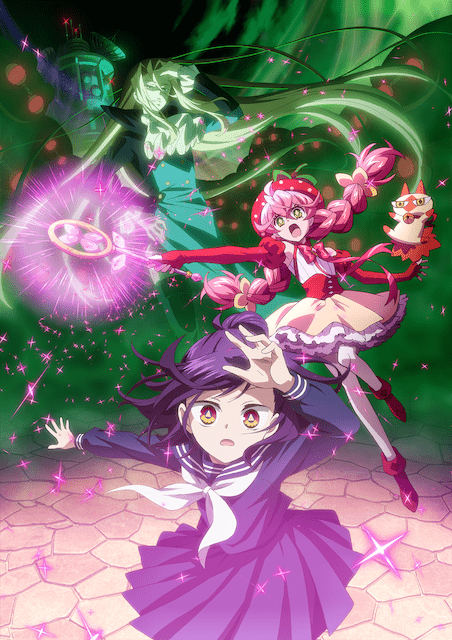 1boy 2girls acro_trip ascot berry_blossom blonde_hair boots bow bowtie braid building cat chizuko_date chroma_(acro_trip) darkness detached_sleeves frilled_skirt frills glowing green_background holding holding_staff long_hair magical_girl mashirou multiple_girls official_art pink_hair ponytail purple_hair red_eyes school_uniform serafuku skirt staff twin_braids very_long_hair violet_eyes yellow_eyes